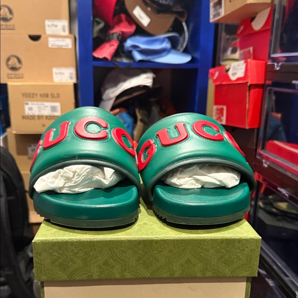Gucci Emerald Green Slides with Red Logo
